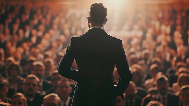 Confident Man in Suit Presenting Ideas to a Large Audience in a Conference Hall
