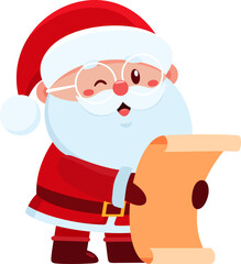 Cute Santa Claus Cartoon Character Reading A Paper Scroll. Vector Illustration Flat Design Isolated On Transparent Background
