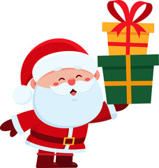 Cute Santa Claus Cartoon Character Holding Up Gift Boxes. Vector Illustration Flat Design Isolated On Transparent Background
