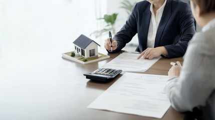 Real estate agent in an office presenting conveyance documents to customers, using a calculator and pointing with a pen, discussing real estate and architecture