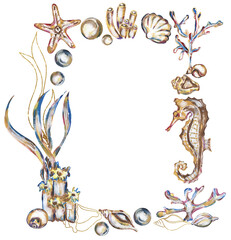 Graphic acrylic shells, seahorse, sea star and corals frame illustration, ocean life wreath clipart © MayaNavits