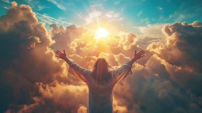 Heavenly Scene with Jesus Christ Reaching for Sunlight Amidst Clouds Symbolizing Faith and Salvation
