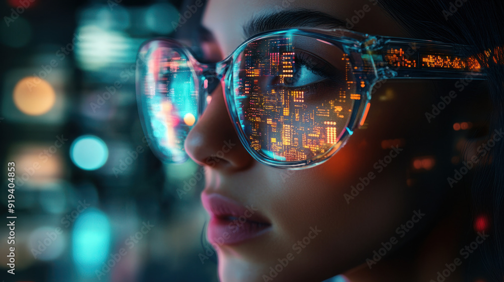 Poster cybernetic vision, a person wearing futuristic glasses gazes intently at a digital interface, the le