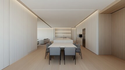 A minimalistic kitchen showcases white cabinets, light wood flooring, and a bright atmosphere, highlighted by grey chairs around a wooden dining table and stainless steel appliances