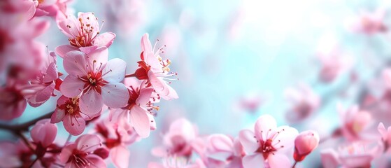 Obraz premium Beautiful cherry blossoms in full bloom against a soft, blurred blue background, capturing the essence of spring and nature's beauty.