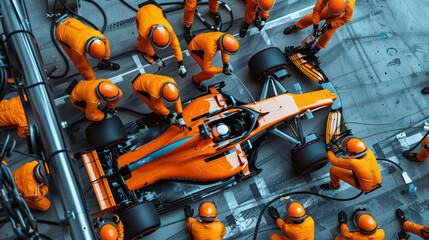 High-Angle View of Pit Crew in Orange Suits Servicing Formula One Car