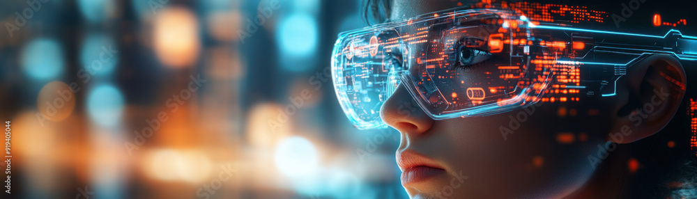 Aufkleber cybernetic vision, a close-up of an individual in high-tech glasses, surrounded by swirling digital 