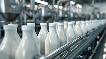 Hyper-Realistic Image of Yogurt Bottles in Production Line in Modern Factory