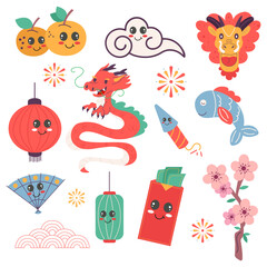 Kawaii elements for chinese new year festival flat design