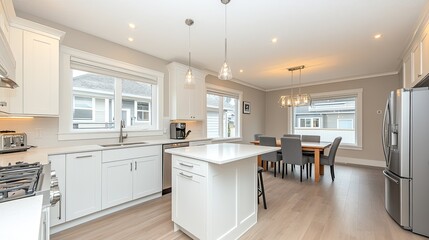 A minimalistic kitchen showcases white cabinets, light wood flooring, and a bright atmosphere, highlighted by grey chairs around a wooden dining table and stainless steel appliances