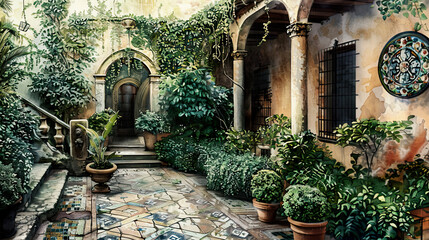 Serene watercolor of a courtyard garden, lush greenery, mosaic tiles, soft twilight ,Ultra-High Detail, Ultra-Realistic