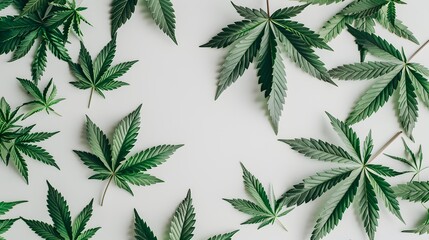 Marijuana leaves on a white background, close up top view on cannabis leaves and branches on white background for alternative medical and marketing design concept