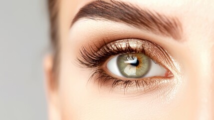 Naklejka premium Close-up of a woman's green eye with gold eye shadow, long eyelashes, and well-defined eyebrows. Makeup and beauty concept.