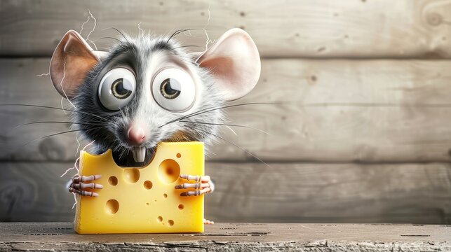Adorable cartoon rat holding a slice of cheese, with big eyes and funny expression, in a rustic wooden background.