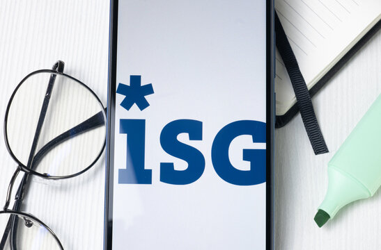 New York, USA - 1 August 2024: Information Services Group ISG Logo on Phone Screen, Company Icon on Display
