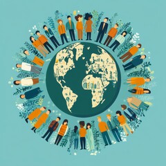 Diverse group of people standing in a circle around a globe, symbolizing unity and global connection.
