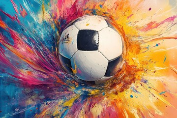 Soccer ball with colorful spray paint template background.
