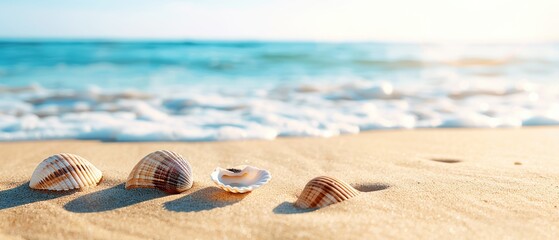 Seashells on a sandy beach with gentle waves in the background under a clear sky, capturing the serene essence of a summer day by the sea.