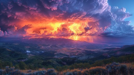 Dramatic Sunset Sky with Lightning Over Mountain Range