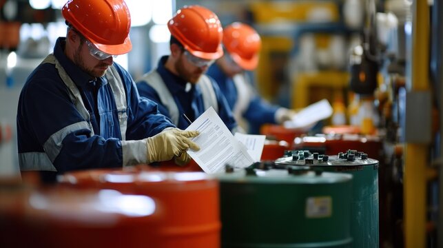 Generate a photo realistic image of workers reviewing Safety Data Sheets (SDS) for hazardous chemicals, with SDS documents, chemical containers, and hazard communication visible;