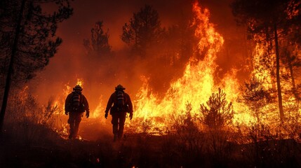 Fototapeta premium Two firefighters walk through a forest engulfed in flames. The blaze is intense, illuminating the scene with an orange glow.