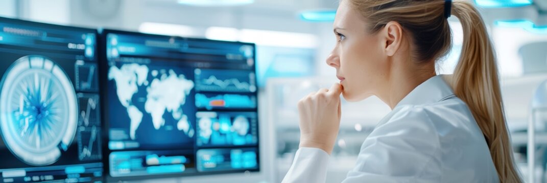 Female scientist analyzing data on multiple screens in a high-tech laboratory setting, focusing on research and technology.