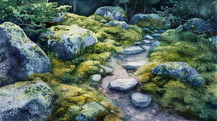 Serene watercolor of a rock garden, moss, stone pathways, soft twilight ,Ultra-High Detail, Ultra-Realistic