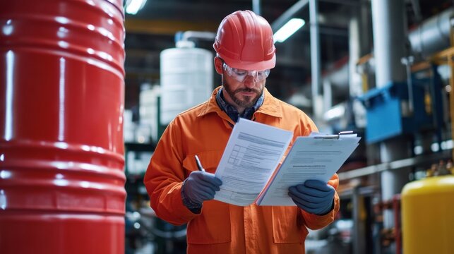 Generate a photo realistic image of workers reviewing Safety Data Sheets (SDS) for hazardous chemicals, with SDS documents, chemical containers, and hazard communication visible