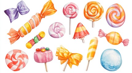Colorful assorted watercolor candies including lollipops, hard candies, jelly beans, and a gumdrop, depicted in an illustrative style against a white background.