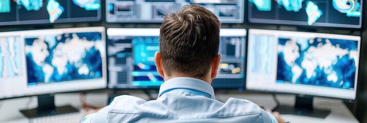 Man working in front of multiple computer screens displaying data, maps, and charts in a modern control room or office environment.
