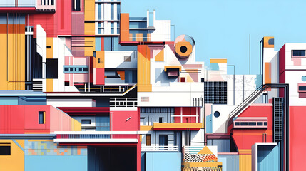 Fototapeta premium Conceptual Building Facades with Multi-Colored Patterns and Structural Elements - 