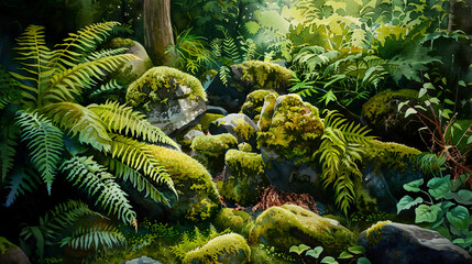 Serene watercolor of a shade garden, moss-covered rocks, ferns, soft twilight ,Ultra-High Detail, Ultra-Realistic