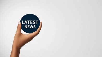 Hand Holding a "Latest News" Circular Tag on a Minimalistic White Background

