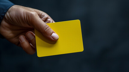 yellow card held by football referee, isolated on a dark background