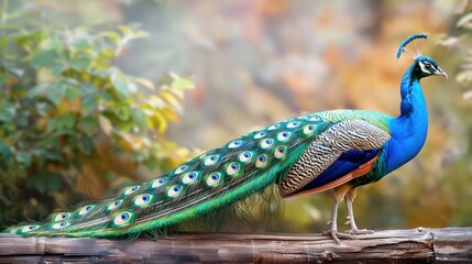 Naklejka premium A vibrant peacock displaying its stunning tail feathers in a natural setting with a blurred forest background.