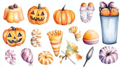 A colorful collection of autumn and Halloween-themed illustrations including carved pumpkins, candies, leaves, a drink, and a spoon, rendered in a whimsical, watercolor style.