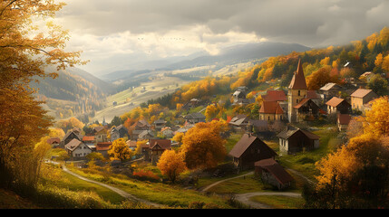 Naklejka premium village nestled in the hills during autumn
