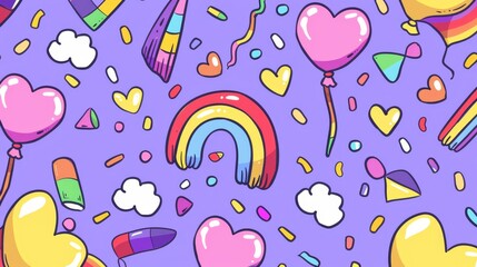 LGBT Pride Month Festival Banner with Rainbow and Clouds in Trendy Outline Cartoon Style, Perfect for Greeting Postcards, Invitations, and Flyers