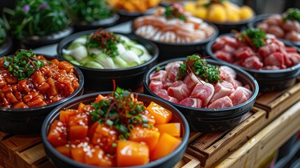 Fototapeta premium A variety of Asian food is displayed in bowls on a wooden table. The bowls are filled with different types of meat, vegetables, and sauces. The presentation is colorful and appetizing