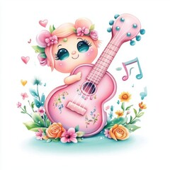 Happy ukulele, musical element, watercolor illustration, playful tones, isolated on white background, clipart, watercolor clipart, isolated on white background