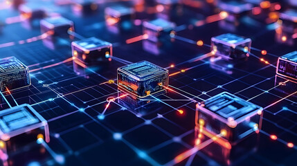 Obraz premium Cryptocurrency Transactions on the Blockchain - A visual of digital transactions being recorded on the blockchain, with encrypted blocks being added to the chain in real-time