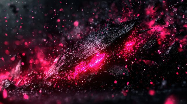 A close-up photo of a black computer mouse adorned with pink and black sprinkles on a dark background