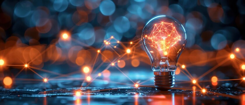Illuminated light bulb with a glowing network of connections, symbolizing innovation, technology, and creativity in a digital age.