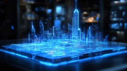 Holographic Cityscape on Digital Interface.
