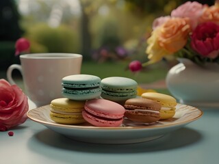 Bouquet of macarons, adjacent to a garden setting