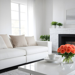 Living room interior with white sofa, coffee table and flower vase