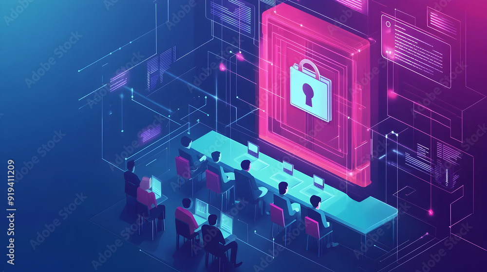 Poster cybersecurity training and awareness - a depiction of a training session where employees learn about