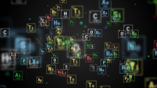Colored flying icons of the chemical elements of the Mendeleev periodic table on a black background. Looped animation.