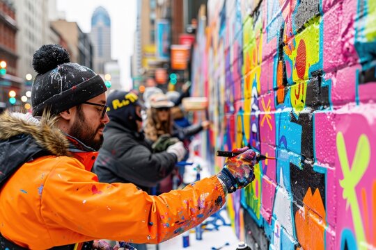Artists use spray paints and brushes to create a vibrant wall mural in an urban area, engaging in a colorful and lively street art event that draws in spectators.