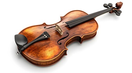 Obraz premium A classical violin with bow, rich wood grain, warm reddish-brown varnish, high detail, studio lighting, pure white background.